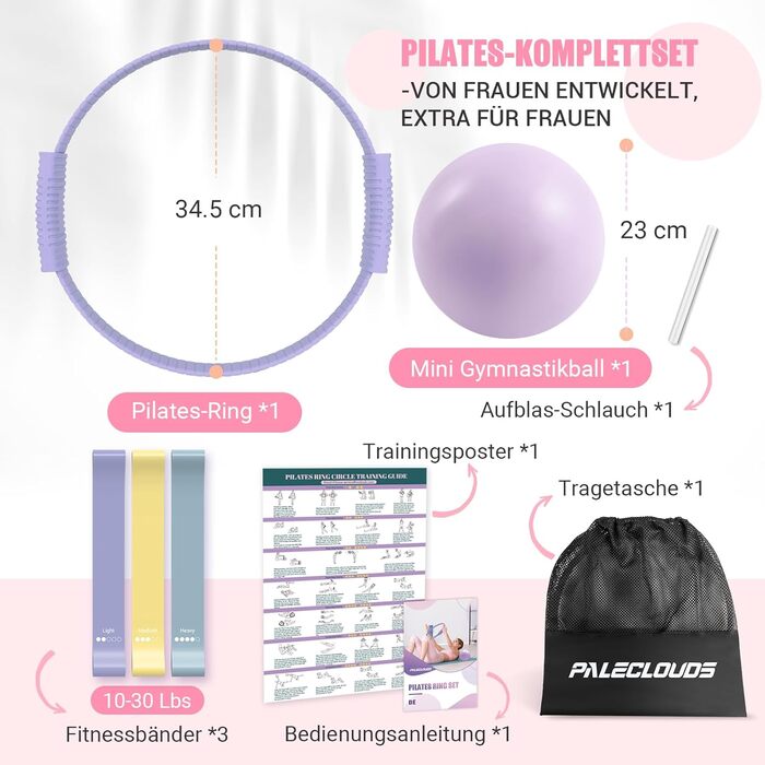 Набір для пілатесу: кільце, стрічки, міні-м'яч, постер та сумка. Набір для тренування пресу для жінок, фіолетовий колір