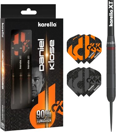 Дротики Karella Steeldart Daniel Klose 90% вольфрам, 22 г, металевий наконечник, набір з 3 дротиків та 2 комплектів оперення, для класичної дартс-дошки