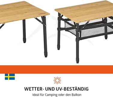 Зручний складаний садовий/кемпінговий столик Campout з бамбуковою полицею (65x50x65 см), 3 положення висоти, з сумкою