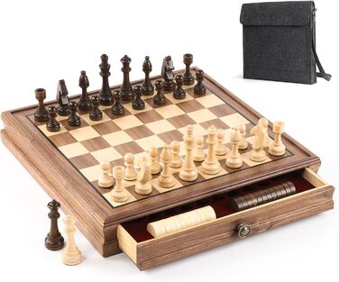 Магнітний шаховий та шашки з горіхового дерева – 2-в-1 набір, з ящиком для зберігання, 2 фігури для шашок, 24 шашкових фігури – дерев'яний шаховий набір для дітей та дорослих
