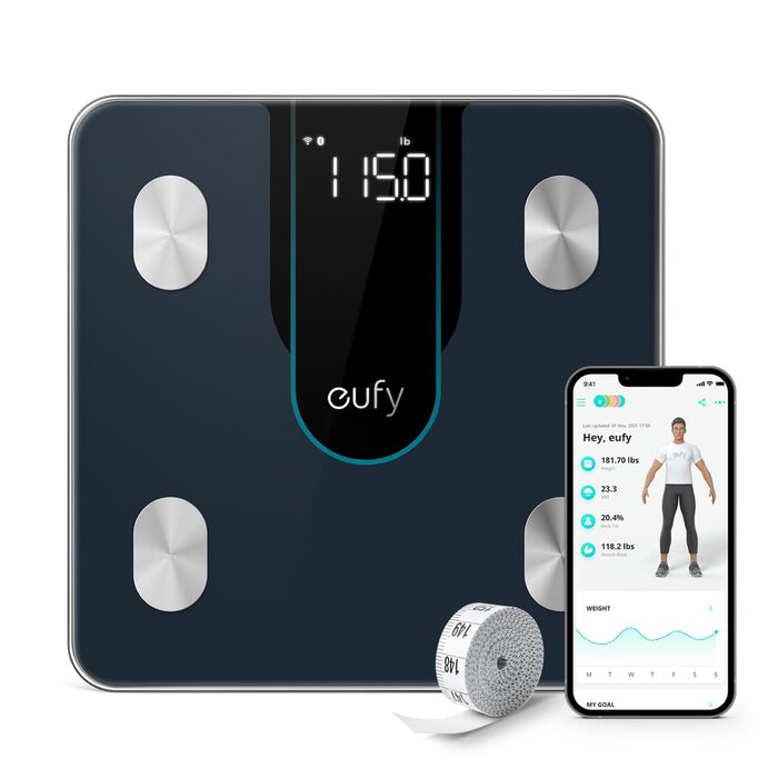 Ваги підлогові Eufy Smart Scale P2: Bluetooth, Wi-Fi, 15 показників (вага, жир, BMI, м'язи, кістки), 3D-модель тіла, чорні