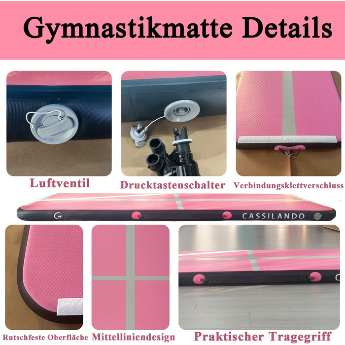 Гимнастичний надувний мат Airtrack CASSILANDO для тамблінгу та йоги, матовий, 400 x 100 x 10 см (Рожевий/Чорний) з насосом