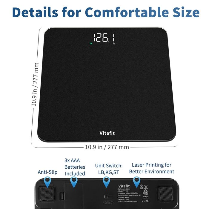 Розумні електронні ваги Vitafit з Bluetooth та визначенням BMI, смарт-ваги для контролю ваги та складу тіла з додатком, протиковзна платформа, сріблясто-чорні