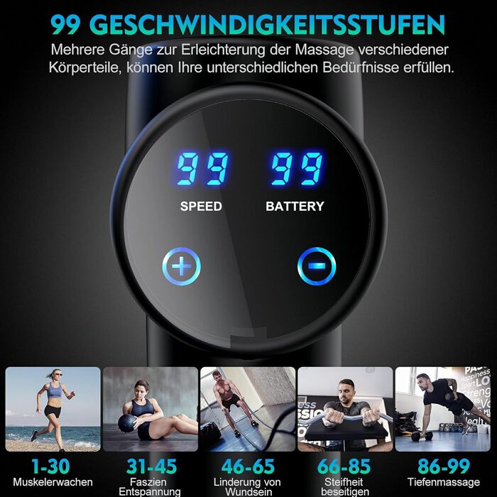 Масажер BURNNOVE для тіла та спини з LED-дисплеєм, 99 режимів, 8 насадок, акумулятор 2550mAh, чорний