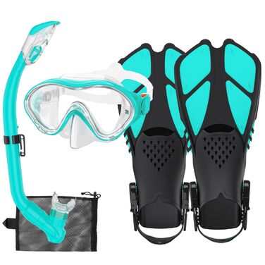 Набір для снорклінгу для дітей з ластами, маска з панорамним оглядом 180°, регульовані ласти, високоякісна маска та сухий снорк (трубка) для плавання, Aquagrün