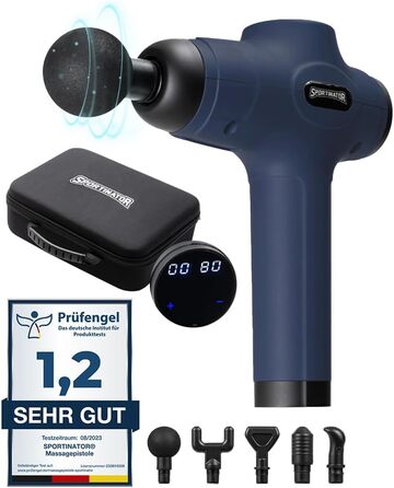 Масажний пістолет SPORTINATOR Level Up, електричний, з LCD-екраном, USB-C, насадки, синій, портативний, для тіла та м'язів