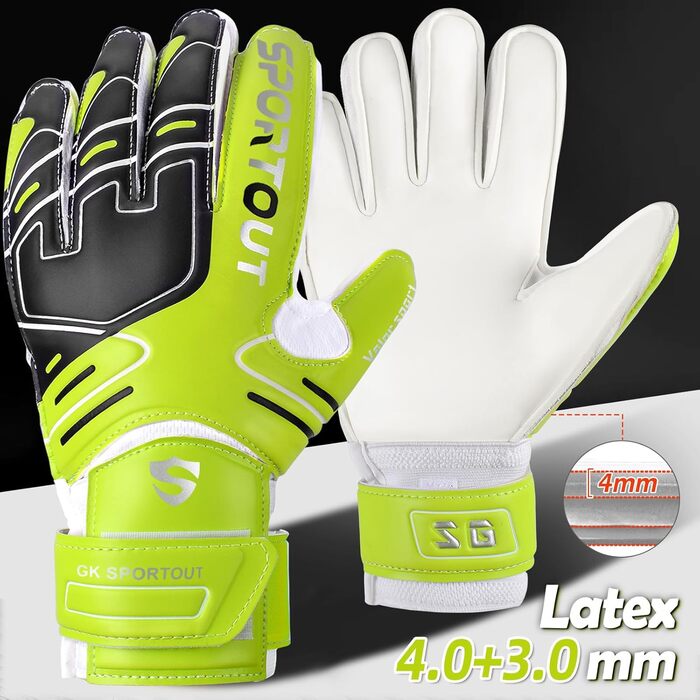 Воротарські рукавички Sportout для дітей та дорослих, з технологією Fingersave, 4mm латекс, Light Green