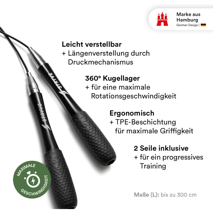 STRYVE Speed Rope – швидкісна скакалка з ергономічною антиковзною ручкою та регульованою довжиною, преміум бренд