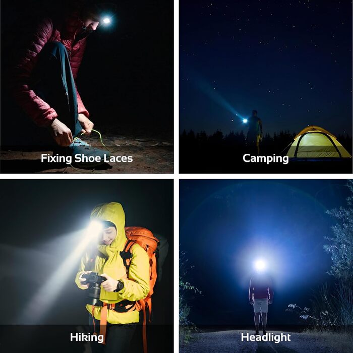 RABLEX RB658 LED-ліхтар на голову, 550 люмен, перезарядна козялка з 7 режимами, червоне світло, датчик, USB, IPX6, водонепроникний, компактний, для кемпінгу та походів