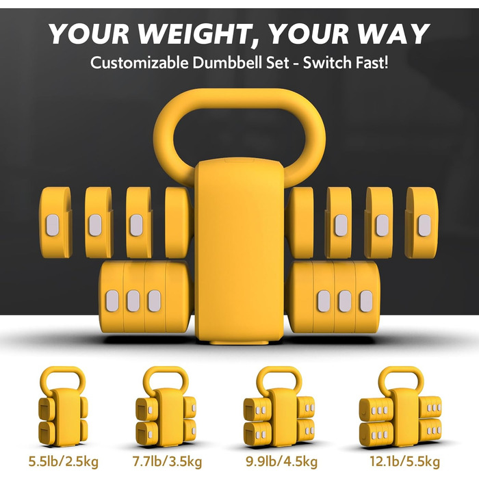 Регульований набір гантелей 2 шт. 4-в-1 для дому: швидка зміна ваги, 0.9-2.3 кг, жовтий