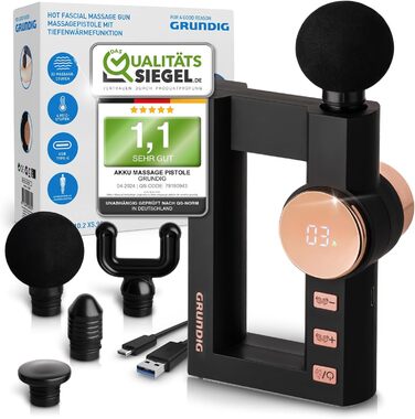 GRUNDIG Масажний пістолет з глибоким прогрівом, 32 режими, 4 рівні нагріву, акумуляторний, для спини, шиї та плечей, компактний для дому, офісу та подорожей