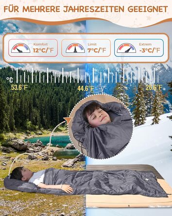 Спальний мішок для дітей KingCamp - легкий, теплий, 3-4 сезони, для кемпінгу та піших прогулянок (сірий, L)