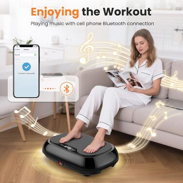 Вібраційна платформа для дому з 9 режимів, 120 рівнів інтенсивності, 4 еластичними стрічками, 150 кг, Bluetooth та пультом ДУ