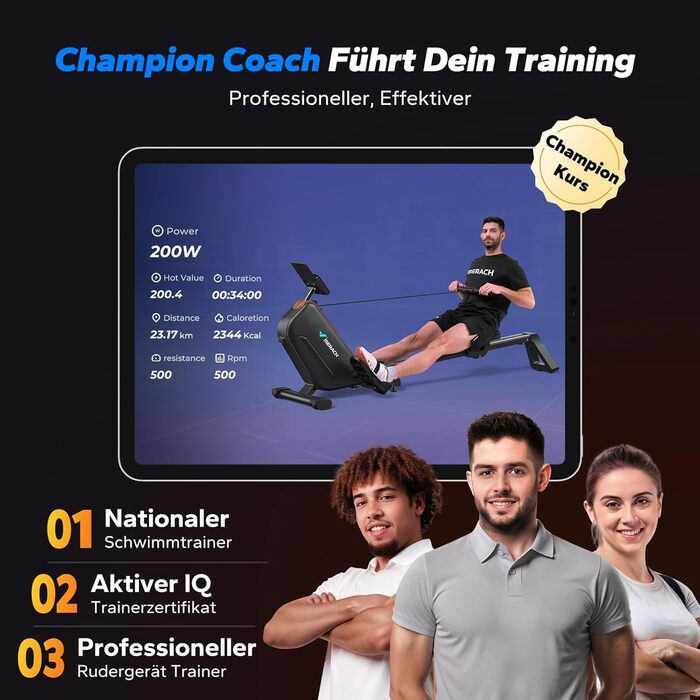 Гребний тренажер MERACH для дому, складаний, з магнітним приводом, тихий, з додатком, подовжені направляючі рейки, електричне регулювання (Plug-in)