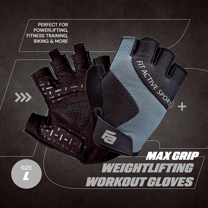 Рукавички для важкої атлетики Fit Active Sports Max Grip (чоловічі/жіночі, сірі, L) - для тренажерного залу, фітнесу, велоспорту, з антиковзким покриттям