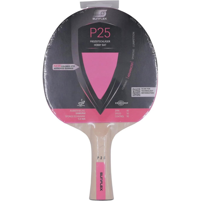 Sunflex® Color COMP P25 ракетка для настільного тенісу з рожевою накладкою, ITTF сертифікат, для початківців, легка, з увігнутою ручкою