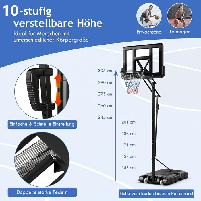 Баскетбольне кільце GOPLUS вуличне, регульована висота 143-305 см, стійка на колесах для підлітків та дорослих