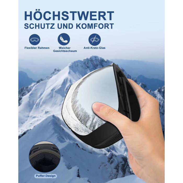 Снігові окуляри без рами для дорослих, широке поле зору, лінзи UV400 Anti-Fog, сноуборд окуляри для чоловіків та жінок, срібні