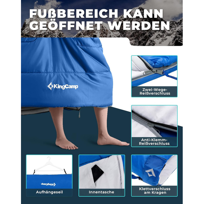 Сплячий мішок KingCamp для двох осіб, зимовий, для кемпінгу, блакитний. Зручний та теплий спальник для відпочинку на природі.