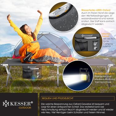Кемпінгове ліжко KESSER® розкладне, з сумкою, ліхтарем та кишенею, 190/210 см, металевий каркас, 150 кг, 600D Oxford
