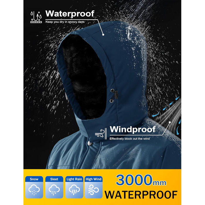 Чоловіча зимова куртка MAGCOMSEN: водонепроникна, тепла, з флісовою підкладкою, вітрозахисна, для активного відпочинку та походів, знімний капюшон, колір темно-синій