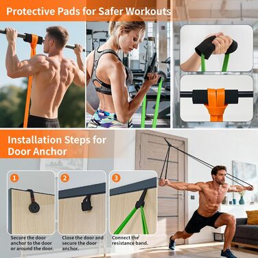 Набір еластичних стрічок Fokky для фітнесу, 4 рівні, з дверним кріпленням та захисними подушечками, для силових тренувань, чорний, фіолетовий, зелений, помаранчевий