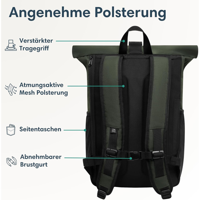 Жіночий рюкзак LARKSON Rolltop, зелений, великий, для школи, університету, велосипеда, з відділенням для 16-дюймового ноутбука, водовідштовхувальний, антивикрадний, екологічний