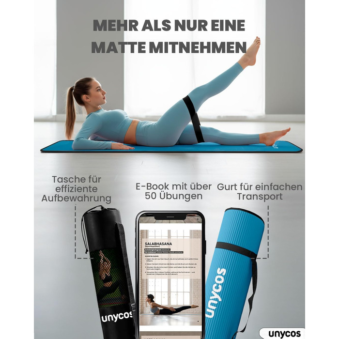 Килимок для йоги Unycos з неслизькою поверхнею | Висока щільність 6/10/15 мм, тренувальний килимок для гімнастики з ременем для перенесення, з електронною книгою. Дружній до шкіри фітнес-килимок для пілатесу, тренувань, спортзалу (#21 Синій + Чорний, 183*