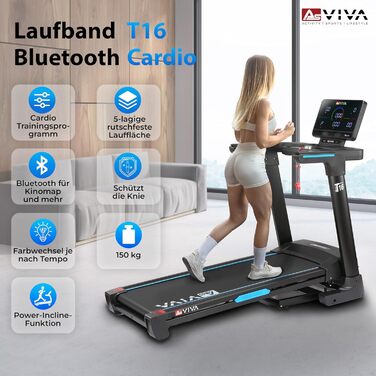 Біговий тренажер AsVIVA T16 Profi: 18 км/год, 4 PS, 18% нахил, складний, Bluetooth, до 150 кг, для кардіотренувань вдома