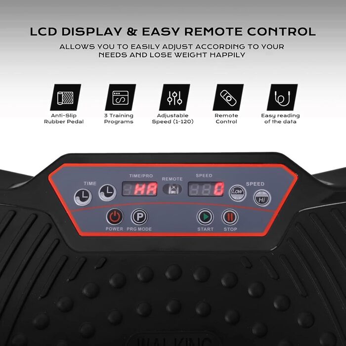 Вібраційна платформа TLGREEN з ультратихим мотором, 120 рівнів + 10 програм тренувань, з пультом дистанційного керування, тренувальні стрічки, для тренувань всього тіла, спалювання жиру, XL (68x38x14 см), чорна