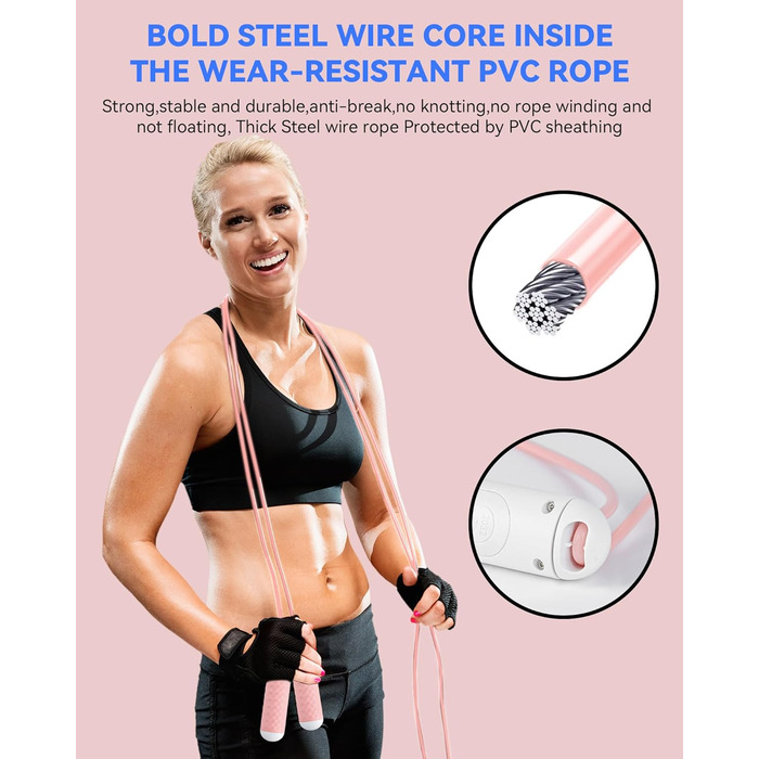 Стрибкове канат iMoebel з лічильником, регульований, швидкозмінний, сталевий трос, антиковзні ручки, підрахунок калорій, таймер для фітнесу, боксу, схуднення, кросфіту, рожево-білий