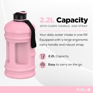 Спортивна пляшка для води Fuel24 Jug 2,2 л з поп-кришкою та ручкою, рожева, без BPA, для залу та фітнесу