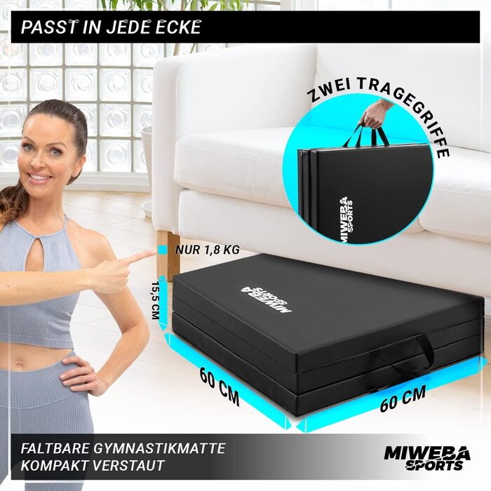 Складаний спортивний гімнастичний мат Miweba GM100 180x60x5 см, нековзкий, для фітнесу, йоги та тренувань, чорний