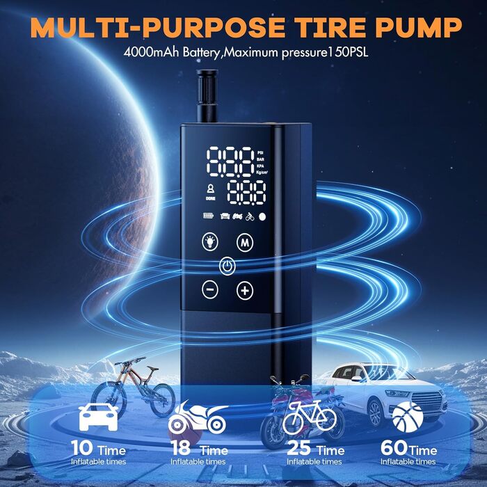 Портативний електричний насос HDeye GP2 4000mAh для авто та велосипедів, чорний