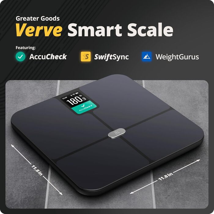 Розумні ваги Greater Goods Verve AccuCheck з ITO-склом, чорні, розроблені у Сент-Луїсі