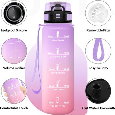 Спортивна пляшка 1л з позначенням часу, фільтром, для води з газом, без витоку. Підходить для велосипеда, бігу, дорослих. Колір: лавандово-рожевий