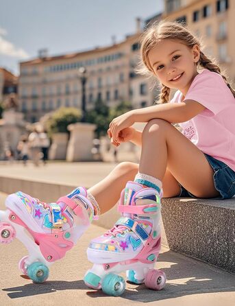 Роликові ковзани SULIFEEL для дівчаток та дітей з підсвічуванням, регульовані, 4 розміри, для малюків та початківців (Рожеві, S (28-31))