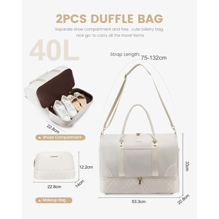 Сумка-мішок LOVEVOOK для подорожей: жіноча дорожня сумка-мішок з відділенням для взуття та мокрих речей, 2 шт. у наборі, 40 л, бежевий колір