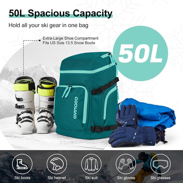 Сумка для лиж Odoland Skitasche Set, водонепроникна, для подорожей, вміщує лижі до 200 см, для чоловіків та жінок (Pfauenblau)