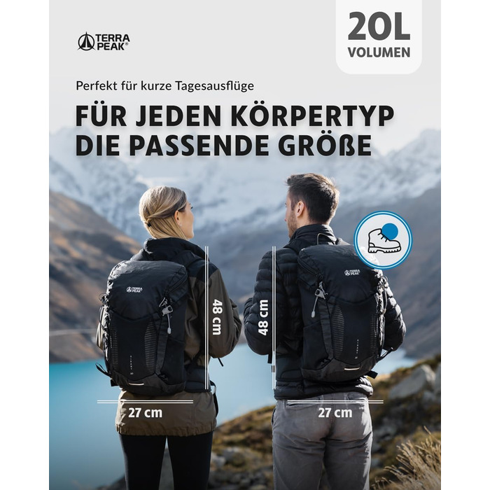 Рюкзак Terra Peak для походів 20 л, чорний, вентильована спинка, тримач для питної системи, дощовик, з поясом на стегнах, для одноденних турів, міський та трекінговий рюкзак