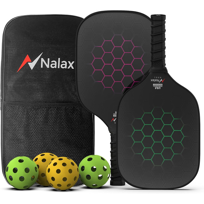 Рікетки для піклболу Nalax з скловолокна, сертифіковані USAPA, з графітовим покриттям, полімерним ядром, 4 м'ячами та сумкою (2 шт.)