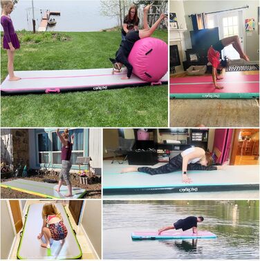 Надувний гімнастичний мат для акробатики та tumbling (6м x 1м x 10см) з електронасосом, зелений/чорний