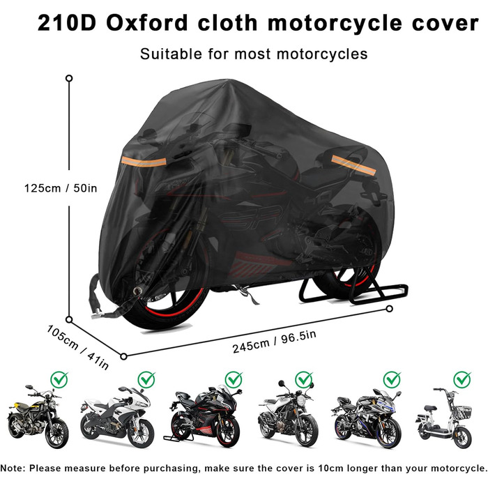 USHOP Мотоциклетний чохол для мотоцикла, скутера, ролера, мопеда, Outdoor XXL, 210D Oxford, UV-захист, з відбиваючими смугами, отвір для замка, вітрозахисні пряжки (245x105x125 см)