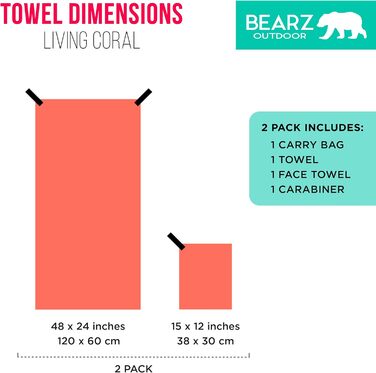Швидковисихаюче туристичне рушник BEARZ Outdoor: для кемпінгу, подорожей, йоги та фітнесу (мікрофібра, Space Gray, Living Coral (2 шт.))