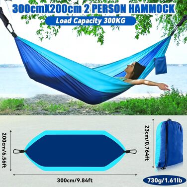 Подвійний гамак для кемпінгу та відпочинку Outdoor, 300x200 см, навантаження до 300 кг, дихаючий нейлон, ультралегкий для саду, балкона та подорожей (Синій)