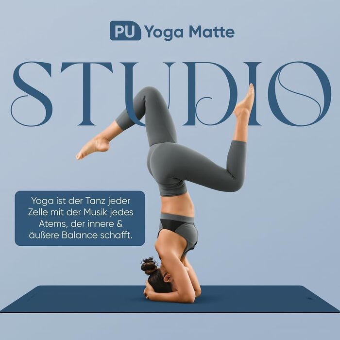 Йога мат YOGALABS® STUDIO: преміум килимок для йоги 185x68x0.4 см з ремінєм з ECO PU та натурального каучуку. Антиковзка поверхня, для гімнастики та пілатесу, 100% екологічний, без шкідливих речовин (Блакитний)
