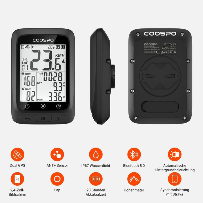 Велокомп'ютер COOPSO BC107 з GPS, бездротовий велоспідометр з Bluetooth 5.0 та ANT+, 2.4