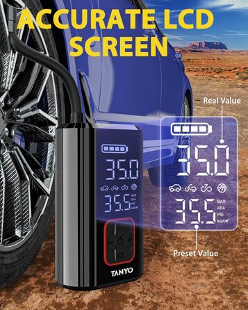 Електричний акумуляторний компресор TANYO 150PSI для авто, велосипедів, мотоциклів і м'ячів, з цифровим манометром і LED підсвічуванням, портативний насос 12В