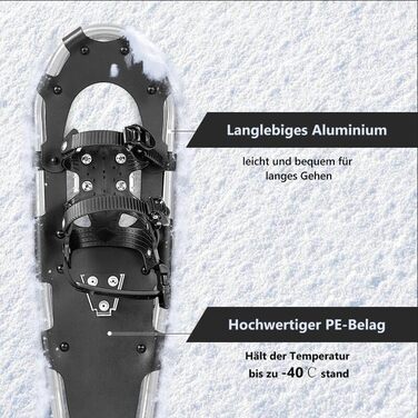Снігоступи GYMAX 53/63/76 см з алюмінію, розмір 35-45, з підйомником, 2 палиці та сумка, комплект снігоступів для чоловіків та жінок (63 см, сріблястий сплав)