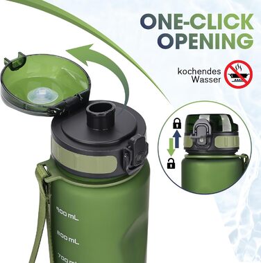 Спортивна пляшка для води 1л, витокозахисна, без BPA, з мітками об'єму, зелена